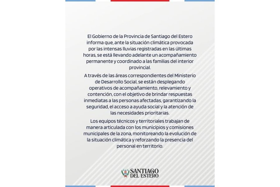 Lluvias en el interior: la Provincia garantiza acompañamiento a las familias